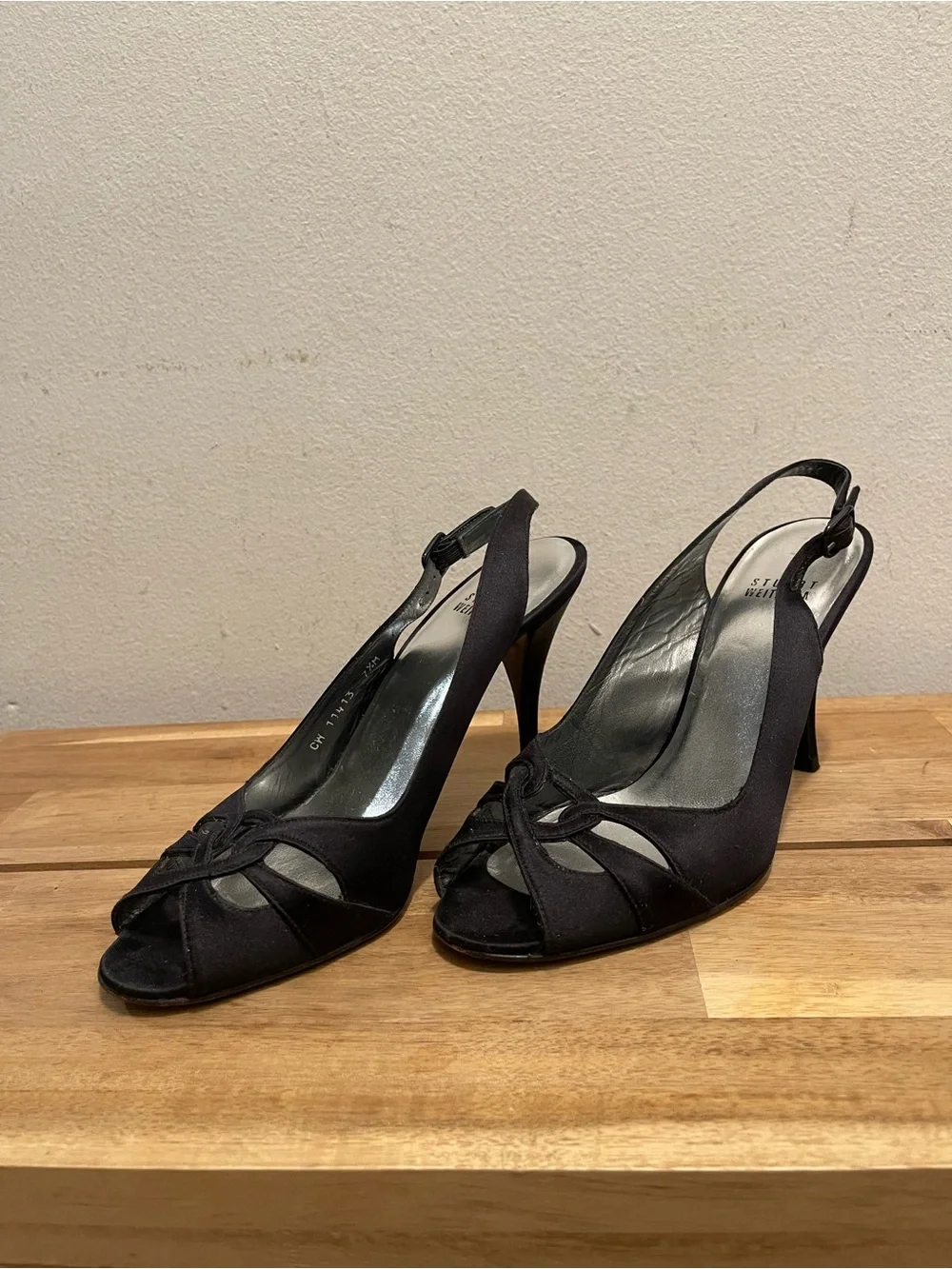 Stuart Weitzman Black Satin Peep Toe Slingback Heels - Size 7.5 M